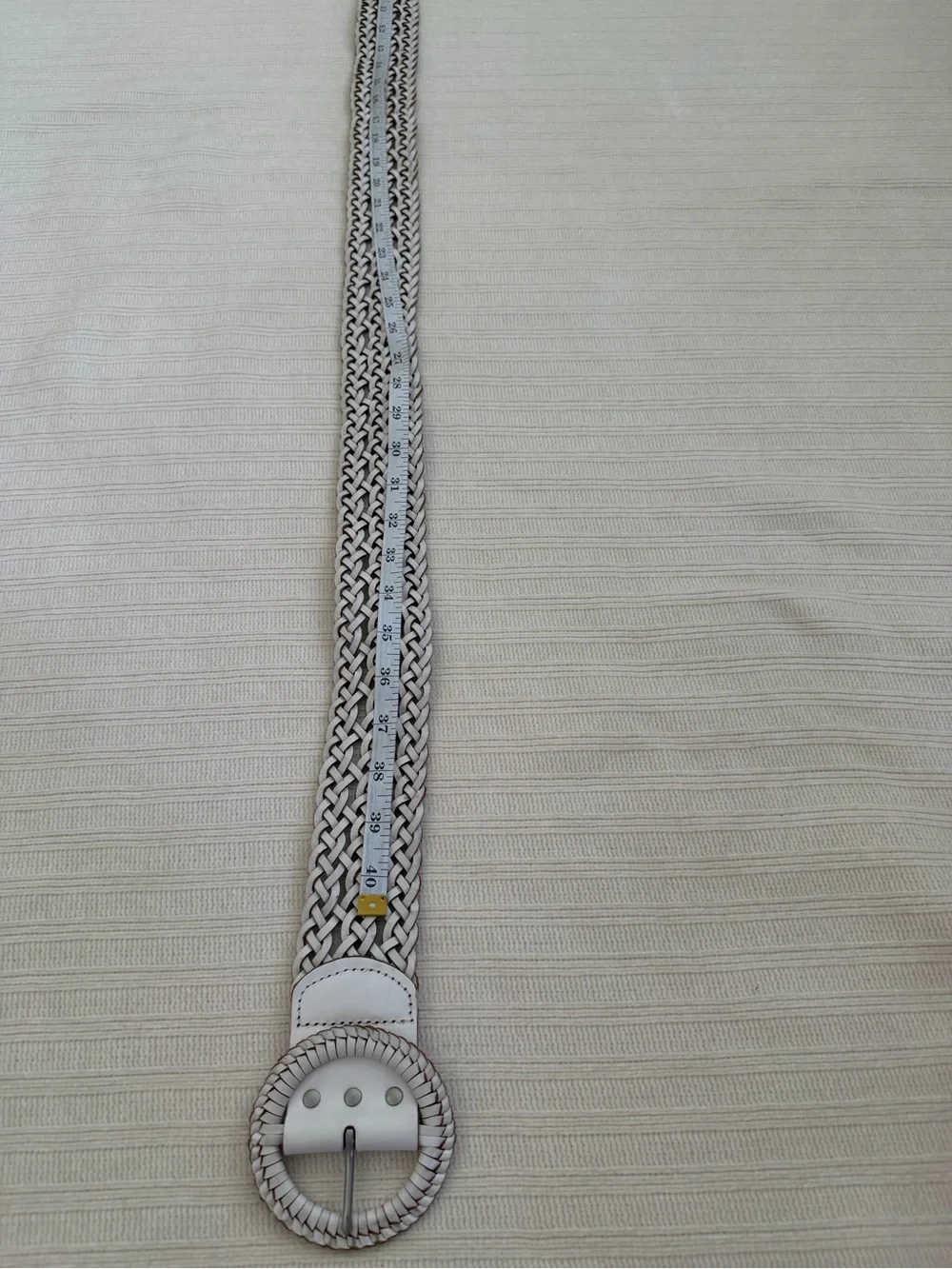 American Eagle 100% Genuine Leather Woven Bohemian Circle Buckle Belt - White